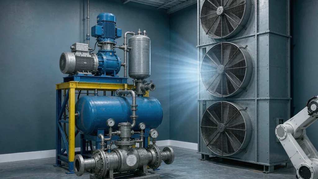 HVAC cooling towers and air conditioning equipment on commercial rooftop
